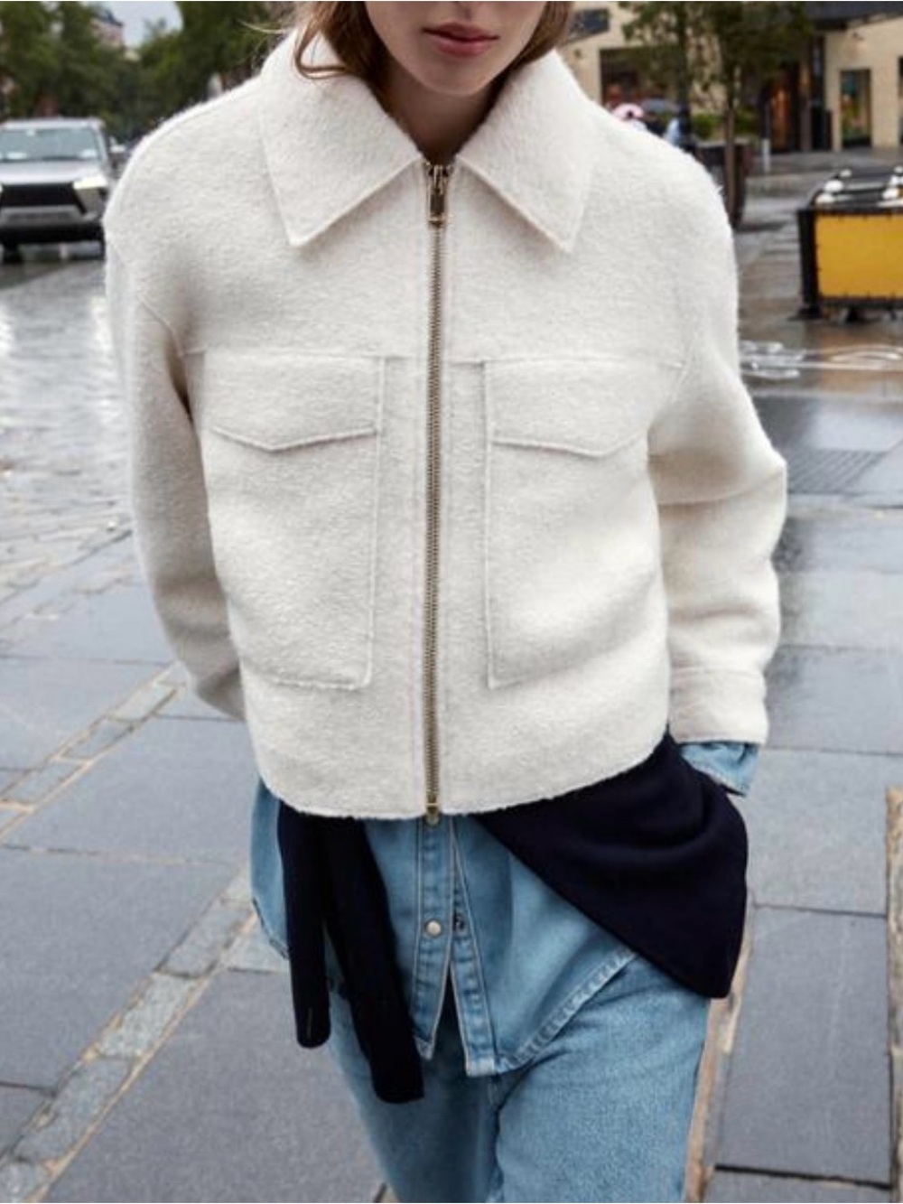 ZARA Bouclé Cropped Jacket w/Patch Pockets Ecru Cream, Small. Perfect condition.